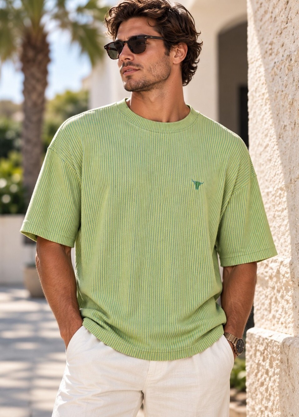 BUGATCHI UOMO Shirt Mens XL Green Blue Striped Ribbed Oversized LogoBugatchi Uom